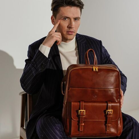 Time Resistance Leather Backpack for Men and Women - Laptop Bag up to 15" - Cognac Brown Business Rucksack in Kuwait