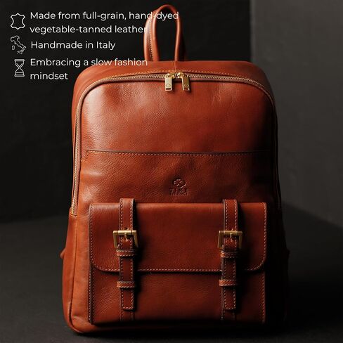 Time Resistance Leather Backpack for Men and Women - Laptop Bag up to 15" - Cognac Brown Business Rucksack in Kuwait