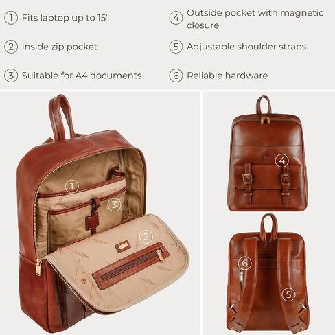Time Resistance Leather Backpack for Men and Women - Laptop Bag up to 15" - Cognac Brown Business Rucksack in Kuwait