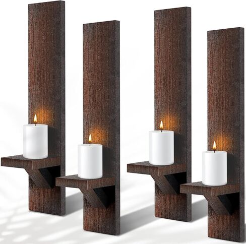 Potchen Set of 4 Wall Sconces Candle Holder Mount Decorative Wood Holders Black Decor Rustic Hanging Shelf Living Room Decoration for Farmhouse Bathroom Bedroom Vase in Kuwait