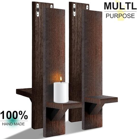 Potchen Set of 4 Wall Sconces Candle Holder Mount Decorative Wood Holders Black Decor Rustic Hanging Shelf Living Room Decoration for Farmhouse Bathroom Bedroom Vase in Kuwait