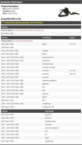 مجموعة مستشعر دواسة الغاز - متوافقة مع 2011-2018 Ram 1500 (بدون دواسات قابلة للتعديل بالطاقة) in Saudi Arabia