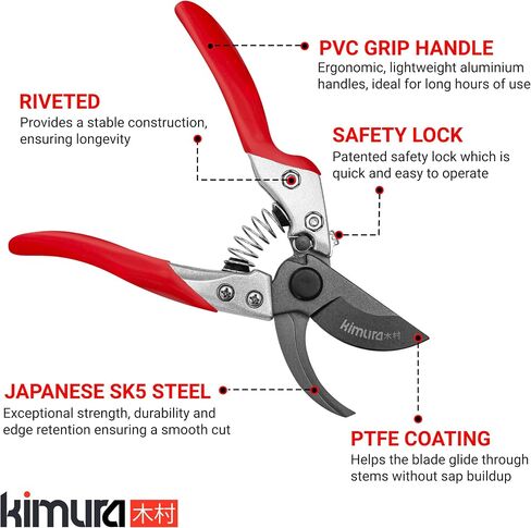 Kimura® 8" Pro Bypass Pruning Shears, Heavy Duty Japanese SK5 Steel Blades, 1 inch Cut Capacity, Non-Slip PVC Coated Handles, Lightweight & Ergonomic, Japanese Pruners, Professional Garden Clippers in Kuwait