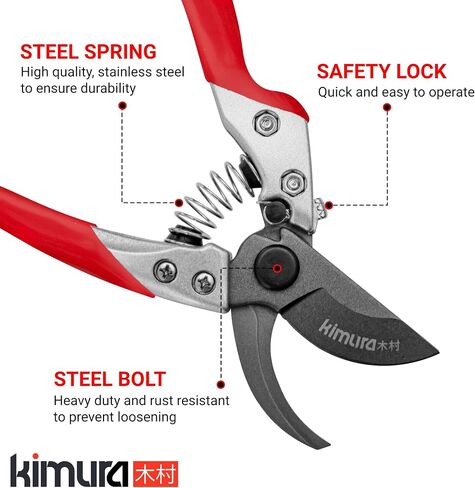 Kimura® 8" Pro Bypass Pruning Shears, Heavy Duty Japanese SK5 Steel Blades, 1 inch Cut Capacity, Non-Slip PVC Coated Handles, Lightweight & Ergonomic, Japanese Pruners, Professional Garden Clippers in Kuwait