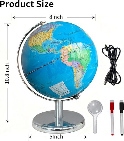 8'' Illuminated Globe for Kids(World Globe with Stable Heavy Metal Base Rewritable Easy-Read High Clear Map Educational Interactive for Children Learning STEM Toy Present for 3+ Years Old) in Saudi Arabia