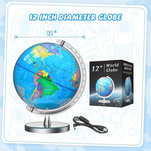 12" Illuminated World Globe for Children & Adults, Globe Lamp with World Map for Kids, Stable Heavy Metal Base, Interactive STEM Learning Gift & Night Light in Kuwait
