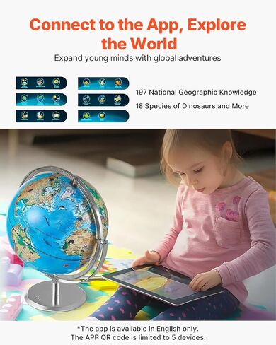 VEVOR Educational World Globe، 10 بوصة/254 مم، كرة أرضية تفاعلية للأطفال، مع تطبيق AR Golden، دوران 720 درجة، إضاءة LED ليلية، 197 معرفة ناشيونال جيوغرافيك، لعبة STEM، للأطفال من سن 4 إلى 10 سنوات in Kuwait