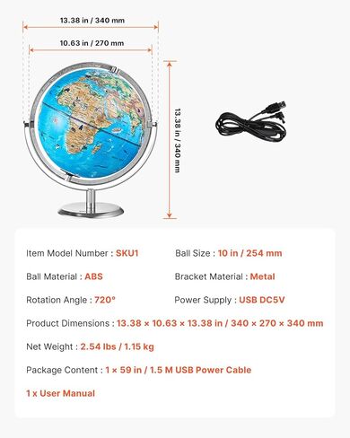 VEVOR Educational World Globe، 10 بوصة/254 مم، كرة أرضية تفاعلية للأطفال، مع تطبيق AR Golden، دوران 720 درجة، إضاءة LED ليلية، 197 معرفة ناشيونال جيوغرافيك، لعبة STEM، للأطفال من سن 4 إلى 10 سنوات in Kuwait