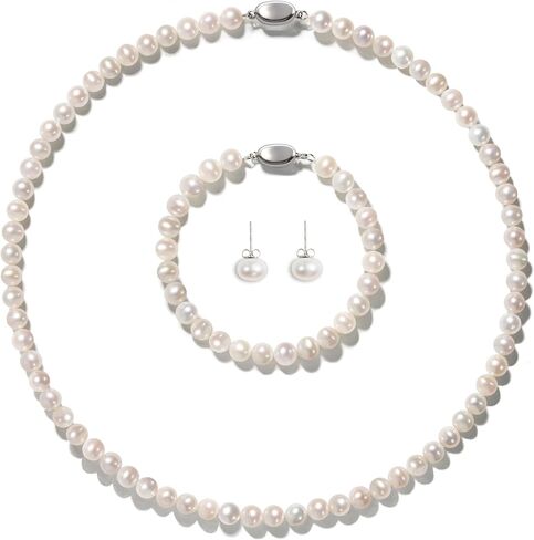 قلادة لؤلؤة المياه العذبة للنساء - 7-8 ملم AAA REAL REAL JEWELRY مجموعة قلادة ، سوار ، أقراط ، مثالية لحفل الزفاف ، الحفلات ، الذكرى السنوية in Saudi Arabia