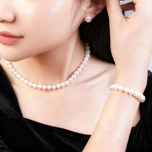 قلادة لؤلؤة المياه العذبة للنساء - 7-8 ملم AAA REAL REAL JEWELRY مجموعة قلادة ، سوار ، أقراط ، مثالية لحفل الزفاف ، الحفلات ، الذكرى السنوية in Saudi Arabia