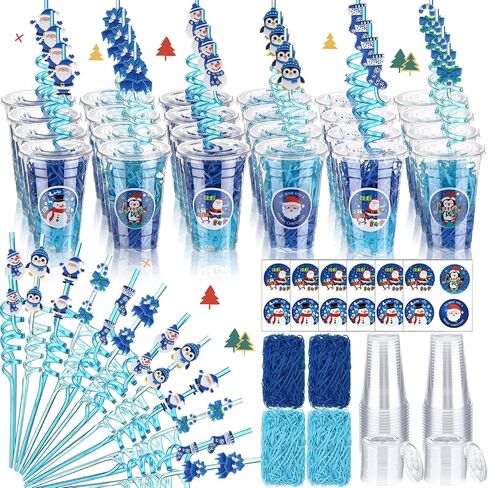 Vesici 124 Pcs Christmas Plastic Cups Bulk with Lids Straws Stickers Raffia Snowman Santa Claus Plastic Cups Xmas Disposable Clear Mugs Party Favor Holiday Birthday Wedding Party Supplies, 24 Sets in Saudi Arabia