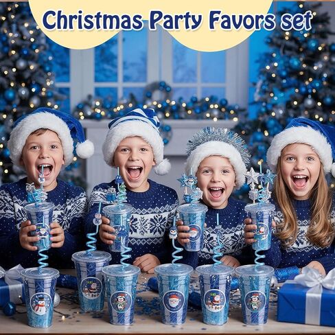 Vesici 124 Pcs Christmas Plastic Cups Bulk with Lids Straws Stickers Raffia Snowman Santa Claus Plastic Cups Xmas Disposable Clear Mugs Party Favor Holiday Birthday Wedding Party Supplies, 24 Sets in Saudi Arabia