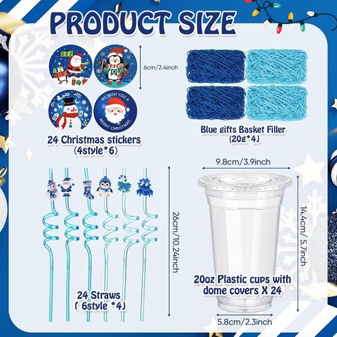 Vesici 124 Pcs Christmas Plastic Cups Bulk with Lids Straws Stickers Raffia Snowman Santa Claus Plastic Cups Xmas Disposable Clear Mugs Party Favor Holiday Birthday Wedding Party Supplies, 24 Sets in Saudi Arabia