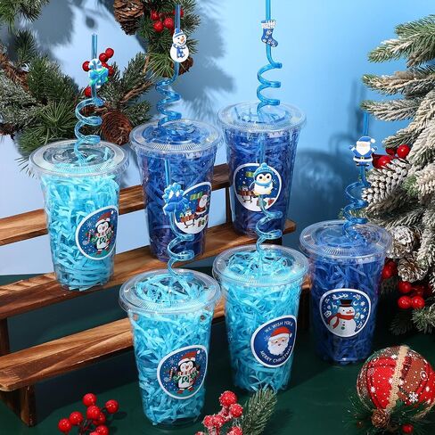 Vesici 124 Pcs Christmas Plastic Cups Bulk with Lids Straws Stickers Raffia Snowman Santa Claus Plastic Cups Xmas Disposable Clear Mugs Party Favor Holiday Birthday Wedding Party Supplies, 24 Sets in Saudi Arabia
