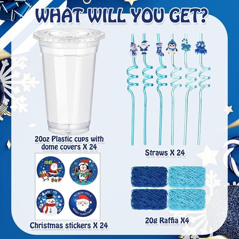 Vesici 124 Pcs Christmas Plastic Cups Bulk with Lids Straws Stickers Raffia Snowman Santa Claus Plastic Cups Xmas Disposable Clear Mugs Party Favor Holiday Birthday Wedding Party Supplies, 24 Sets in Saudi Arabia