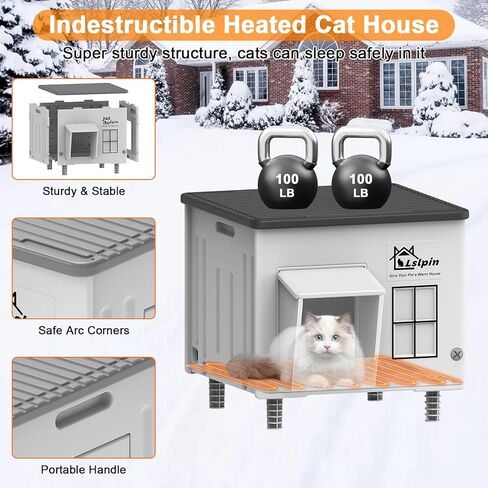 Large Heated Cat House for Outdoor Cats in Winter, Lslpin Weatherproof & Elevated Outdoor Feral Cat Shelter with Pet Heating Pad Bed, Outside Cat House for Stray Barn Cat 20"*16"*18" in Kuwait