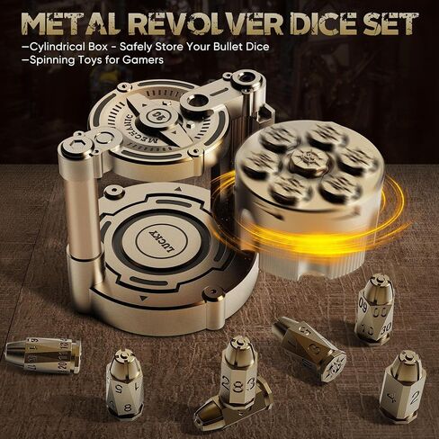 Metal Dice Set of 7, Rotatable Bullet Dice Set Revolver Storage Container, Rotating Fingertip Stress Relief Polyhedral Dice Set Toy, Metal Dice Set for Most War Board Games(Gold) in Kuwait
