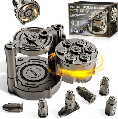 Metal Dice Set of 7, Rotatable Bullet Dice Set Revolver Storage Container, Rotating Fingertip Stress Relief Polyhedral Dice Set Toy, Metal Dice Set for Most War Board Games(Gold) in Kuwait