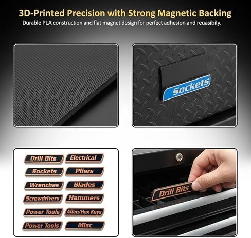 12 حزمة من ملصقات صندوق الأدوات المغناطيسية، وملصقات صندوق الأدوات المطبوعة ثلاثية الأبعاد، وملحقات تنظيم صندوق الأدوات العامة، وعلامات قابلة لإعادة الاستخدام لصناديق الأدوات الفولاذية، والعربات، والأدراج، والخزائن (أسود) in Kuwait