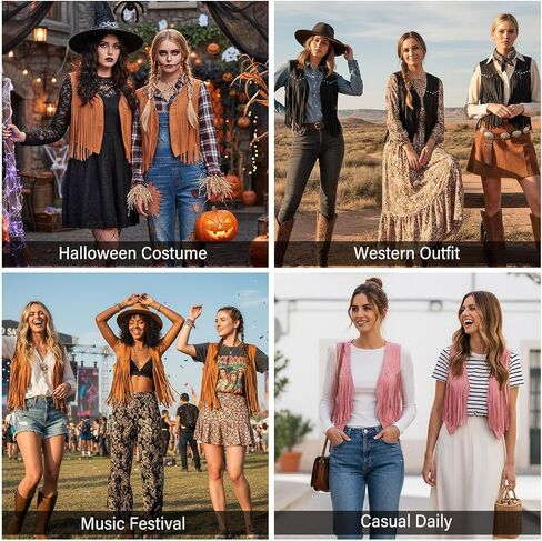 JASGOOD Women's Tassel Vest 70s Hippie Faux Suede Sleeveless Fringe Jacket Western Outfit for Women in Kuwait