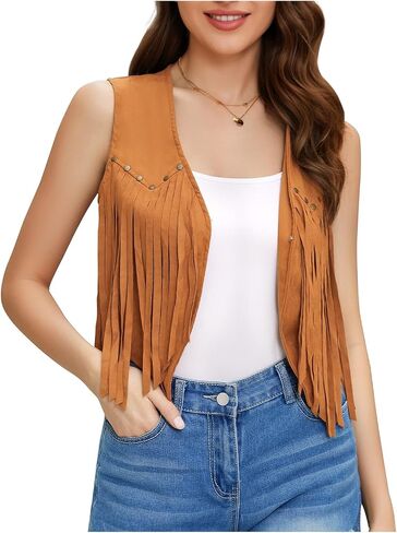JASGOOD Women's Tassel Vest 70s Hippie Faux Suede Sleeveless Fringe Jacket Western Outfit for Women in Kuwait