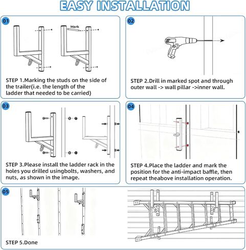 Cargo Trailer Ladder Rack-400lb Load-Carry 2-4 Ladders-Adjustable Aluminum Side Mount RV Ladder Rack-Rubber Pads/Bungee Cords/Hooks for Open/Enclosed Trailer/Garage/Shed Exterior/Interior Wall in Saudi Arabia