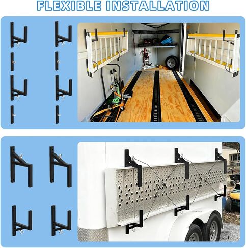 Cargo Trailer Ladder Rack-400lb Load-Carry 2-4 Ladders-Adjustable Aluminum Side Mount RV Ladder Rack-Rubber Pads/Bungee Cords/Hooks for Open/Enclosed Trailer/Garage/Shed Exterior/Interior Wall in Saudi Arabia