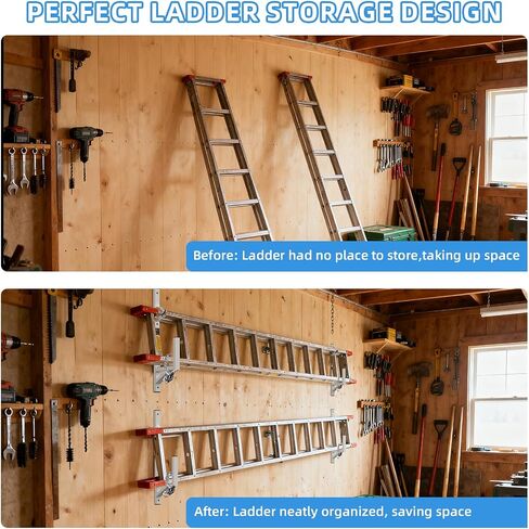 Cargo Trailer Ladder Rack-400lb Load-Carry 2-4 Ladders-Adjustable Aluminum Side Mount RV Ladder Rack-Rubber Pads/Bungee Cords/Hooks for Open/Enclosed Trailer/Garage/Shed Exterior/Interior Wall in Saudi Arabia