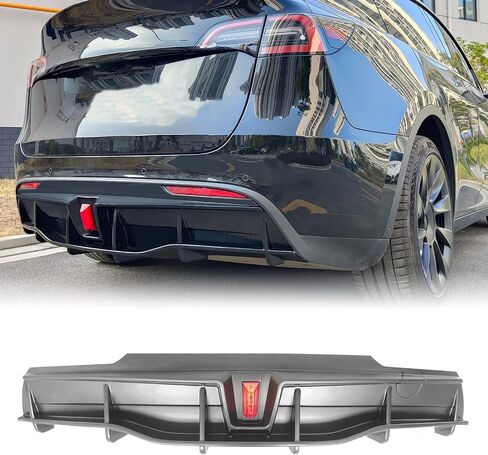FREEMOTOR802 Rear Diffuser with LED Light Fits 2020-2024 Tesla Model Y, Add-on Matte Black PP IKON Style Rear Bumper Molding Protector Lip with LED Lamp in Saudi Arabia