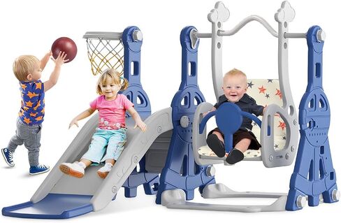 BIERUM 4 in 1 Toddler Slide and Swing Set, Baby Slide for Toddlers Age 1-2, with Basketball Hoop, Indoor Outdoor Toddler Playset Pink in Saudi Arabia