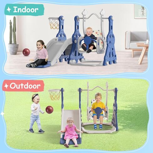 BIERUM 4 in 1 Toddler Slide and Swing Set, Baby Slide for Toddlers Age 1-2, with Basketball Hoop, Indoor Outdoor Toddler Playset Pink in Saudi Arabia