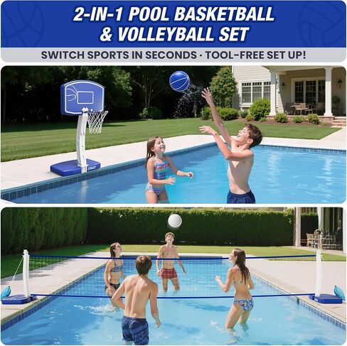 2-in-1 Pool Basketball Hoop and Volleyball Net, Pool Volleyball & Poolside Basketball Game Set for Inground Swimming Pool, Summer Outdoor Water Games Toys for Kids Teens Adults Family in Kuwait