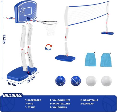2-in-1 Pool Basketball Hoop and Volleyball Net, Pool Volleyball & Poolside Basketball Game Set for Inground Swimming Pool, Summer Outdoor Water Games Toys for Kids Teens Adults Family in Kuwait