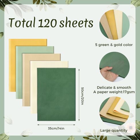 120 Sheets Green Tissue Paper for Gift Bags, Assorted Green Gold Gift Tissue Paper Bulk for Art Crafts Packaging Gifts Wrapping Christmas Baby Shower Wedding Birthday Decorations, 14 x 20 Inch in Saudi Arabia