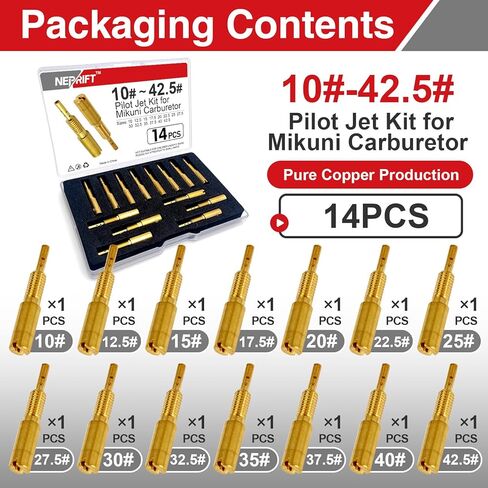 10# ~ 42.5# مجموعة الطيار النفاثة لمكربن ​​ميكوني، استبدال الطائرات البطيئة المتوافقة مع مكربنات RS HSR HS TM VM28/486 للمحرك الصغير للدراجات النارية ATV (14 قطعة) in Kuwait