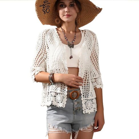 Women's Lace Cardigan Floral Crochet Sheer Beach Cover Ups Long Kimono with Half Sleeves in Saudi Arabia
