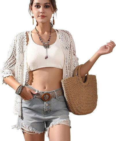 Women's Lace Cardigan Floral Crochet Sheer Beach Cover Ups Long Kimono with Half Sleeves in Saudi Arabia