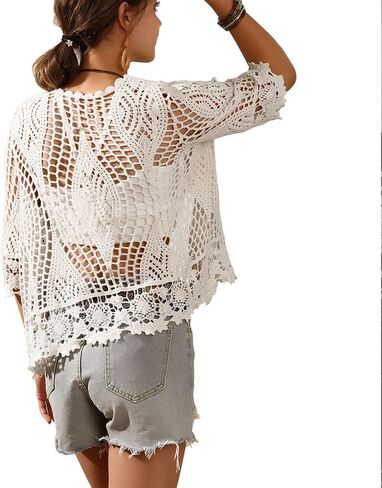 Women's Lace Cardigan Floral Crochet Sheer Beach Cover Ups Long Kimono with Half Sleeves in Saudi Arabia