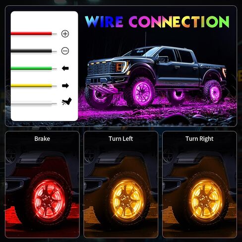 4 قطع 15.5 بوصة RGB LED أضواء حافة العجلة مع بلوتوث وجهاز تحكم عن بعد، مجموعات إضاءة حلقة العجلة مع إشارة الانعطاف ووظيفة الكبح أضواء الإطارات لشاحنة النقل الصغيرة (15.5 بوصة) in Kuwait