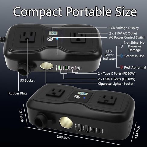 7 في 1 200W CAR POWER HINVERTER 12V DC إلى 110V AC مع محول شاحن السيارات ، وموقف USB 2 USB 2 AC 4 USB PD 20W & QC 3.0 Outlet و Lighter Slight - إكسسوارات السيارات للرحلة والتخييم in Kuwait