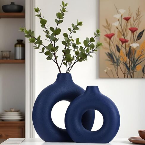 Blue Ceramics Vase for Home Decor -Blue Vase Set of 2 Circular Flowers Vase Modern Navy Blue Decor - Home Decoration for Kitchen Table, Living Room Side Table, Fire Place or Flower Shop in Saudi Arabia