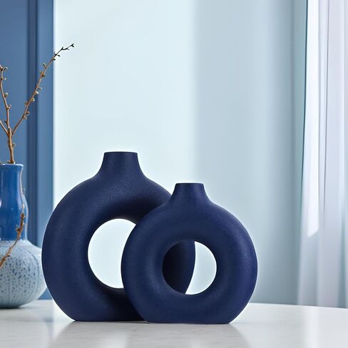 Blue Ceramics Vase for Home Decor -Blue Vase Set of 2 Circular Flowers Vase Modern Navy Blue Decor - Home Decoration for Kitchen Table, Living Room Side Table, Fire Place or Flower Shop in Saudi Arabia