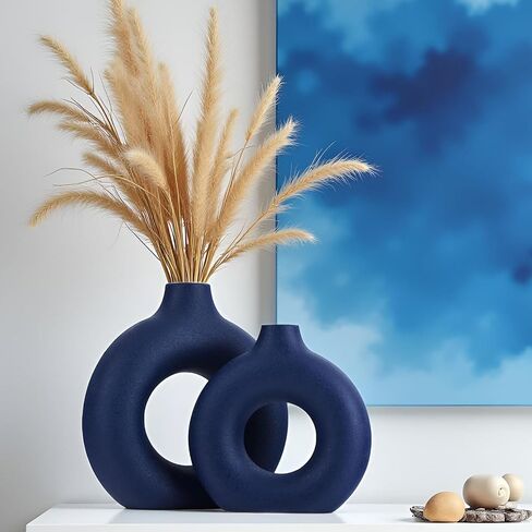Blue Ceramics Vase for Home Decor -Blue Vase Set of 2 Circular Flowers Vase Modern Navy Blue Decor - Home Decoration for Kitchen Table, Living Room Side Table, Fire Place or Flower Shop in Saudi Arabia
