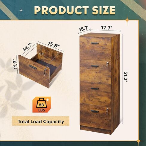 خزانة ملفات من DEVAISE ذات 4 أدراج مع قفل، خزانة ملفات عمودية لملفات بحجم A4/Letter، منظم تخزين خشبي للمكتب المنزلي، بني ريفي in Kuwait