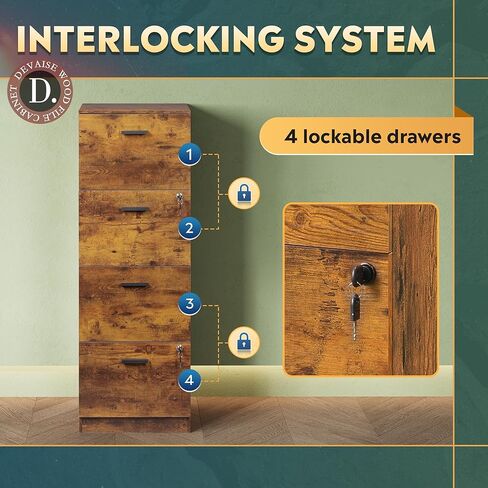 خزانة ملفات من DEVAISE ذات 4 أدراج مع قفل، خزانة ملفات عمودية لملفات بحجم A4/Letter، منظم تخزين خشبي للمكتب المنزلي، بني ريفي in Kuwait