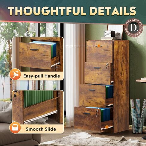 خزانة ملفات من DEVAISE ذات 4 أدراج مع قفل، خزانة ملفات عمودية لملفات بحجم A4/Letter، منظم تخزين خشبي للمكتب المنزلي، بني ريفي in Kuwait