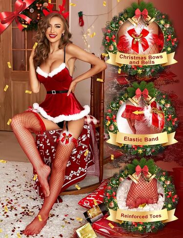 RSLOVE النساء عيد الميلاد جوارب الفخذ العليا مثير سانتا شبكة صيد السمك الملابس الداخلية الجوارب الحمراء جوارب طويلة in Saudi Arabia