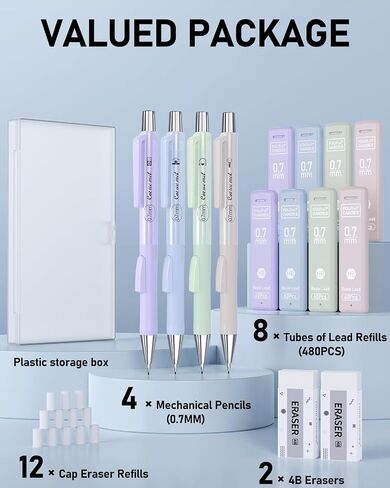 Cute Mechanical Pencil Set with Case,4PCS Pastel Fast Click Aesthetic Mechanical Pencils with 480PCS HB Lead Refills, 2 Erasers, 12 Eraser Refills School Supplies for Girls Writing Drawing Sketching in Saudi Arabia