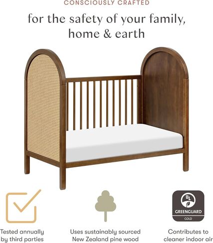 Babyletto Bondi Cane 3-in-1 Convertible Crib with Toddler Bed Conversion Kit in Forest Green with Natural Cane, Greenguard Gold Certified in Saudi Arabia