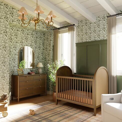 Babyletto Bondi Cane 3-in-1 Convertible Crib with Toddler Bed Conversion Kit in Forest Green with Natural Cane, Greenguard Gold Certified in Saudi Arabia